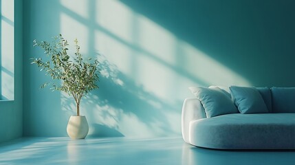Aufkleber - empty living room with blue tones wall : Generative AI
