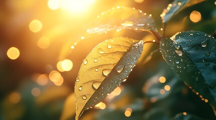 Aufkleber - Large beautiful water drop sparkle in sun on leaf in sunlight macro Big droplet of morning dew outdoor beautiful round bokeh Amazing artistic image of purity of nature : Generative AI