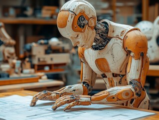 Poster - robot architect is designing blueprint graphics illustration
