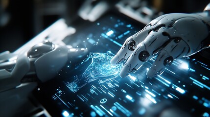 Poster - using AI technology for developing running business on cloud computing person using Ai technology in his business by artificial intelligence smart robot AI Futuristic technology transf : Generative AI