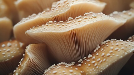 Poster - Closeup view of theunderside of pile clitocybe mushrooms Closeup of beige mushrooms texture background : Generative AI