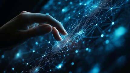 Aufkleber - Digital cyber era technology concept Human hand touching interconnected polygons of massive amounts of data glowing on a dark blue background New innovations that are coming to change  : Generative AI