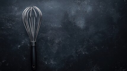 A silver whisk with a black handle on a dark gray background with copy space.