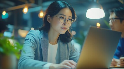 Aufkleber - Asian project manager uses laptop displayed data analysis while professional business team brainstorming marketing idea at business meeting Working togethersharing idea planing strateg : Generative AI