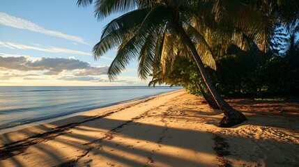 Wall Mural - palm trees cast long shadows on a sandy beach at sunset.
