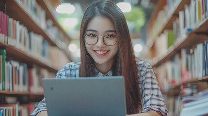 Poster - Portrait university and woman in library with laptop notebook and calculator to finance student loan Smile notes and girl with research for scholarship budget study funding or tuition  : Generative AI