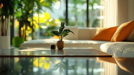 Fototapete - Blurry view of simply Residential living room interior fit for your interior background project : Generative AI