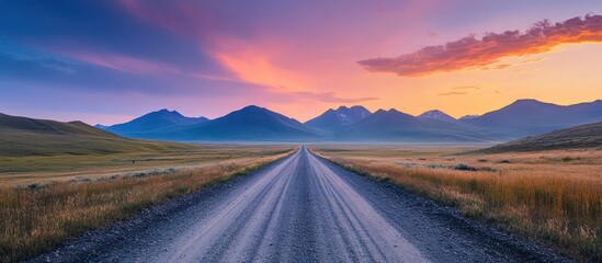 Wall Mural - a winding dirt road stretches towards a line of mountains in a colorful sunset.