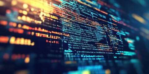 A close-up of computer code on a screen. The code is highlighted with various colours.