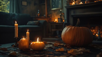 Interior of dark living room with Halloween pumpkins and burning candles : Generative AI