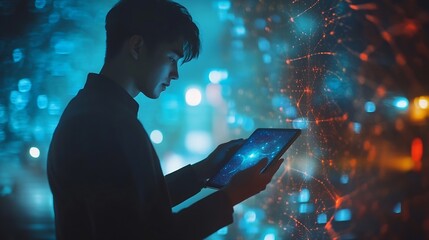 Fototapete - Business thinking and man with tablet ideas or opportunity with decision choice or laptop Person financial advisor or employee with tech thoughts or problem solving with solution or di : Generative AI