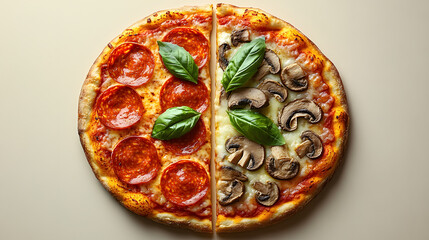 A visually appealing split-screen pizza advertisement showcasing two different pizza styles side by side, highlighting variety and flavor. With its mouth-watering ingredients, crispy crusts, and vibra