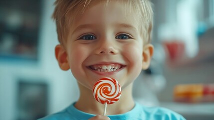 Funny little sweet tooth with sweet lollipop Cute eight year old happy boy with candy in his hand Happy child eats sweet food Childrens dentist baby teeth : Generative AI