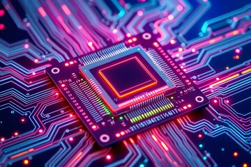 Poster - Neon Glowing Circuit Board with Microchip