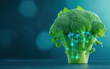 Fresh broccoli with a glowing effect on a blurred background. Ideal for health and nutrition themes.