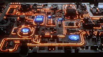 Poster - Futuristic Circuit Board with Glowing Lines and Details