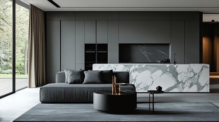 Poster - Creative composition of kitchen and living room interior with gray sofa marble kitchen island black coffee table curtain modern sculpture gray rug and personal accessories Home decor T : Generative AI
