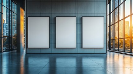 Poster - Triple Vertical digital Poster Mockup background in Sleek Modern Interior Blank white showcase screen on a wall inside an urban building Empty  advertisement display media panels for p : Generative AI