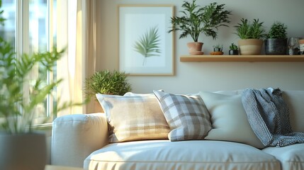 Poster - Living room with scandinavian interior comfortable couch with pillows and soft plaid near window green plant in pots and picture on wall shelf Stylish apartment with design in light to : Generative AI