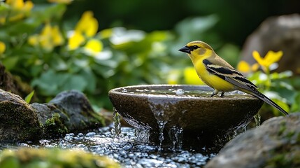 Poster - goldfinch bird garden water fountain yakima indian reservation : Generative AI