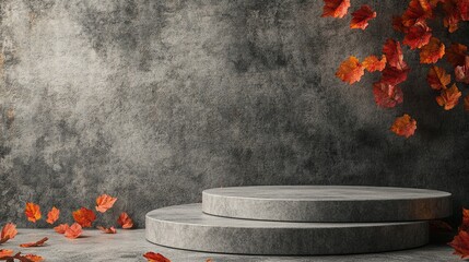 Empty gray textured concrete stone podium background with copy space or product place with fallen autumn leaves