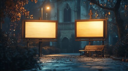 Poster - Mockup Of Two Wooden Billboards On The Pavement At Night Empty Street Advertising Displays Next To Church : Generative AI
