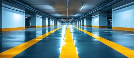 Wall Mural - Empty underground parking garage with yellow lines and fluorescent lighting.