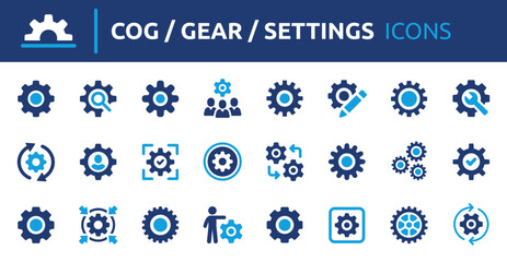 Poster - Cog icon set. Gear, settings, cogwheel, configuration, preferences and options solid vector sign collection.