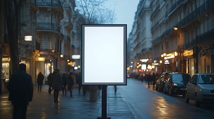 Poster - billboard on busy street blank white poster and advertiser ad space digital outdoor display lightbox base for mockup empty display panel glass design soft streetscape urban background : Generative AI