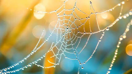 Poster - Beautiful natural background with necklace of water droplets on a cobweb in grass in spring of summer in blue tones Texture Dew drops on a spider web in nature closeup macro with soft  : Generative AI