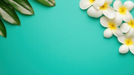 Poster - Bright frangipani flowers with lush green leaves create a soothing spa vibe on a teal background for relaxation.