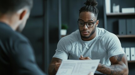 A focused conversation between two people, highlighting one individual in glasses and a gray shirt, discussing a document in a modern, professional setting.