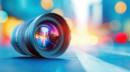 Sticker - A stunning city skyline at sunset, captured through a camera lens, enhanced by a dreamy bokeh light effect.