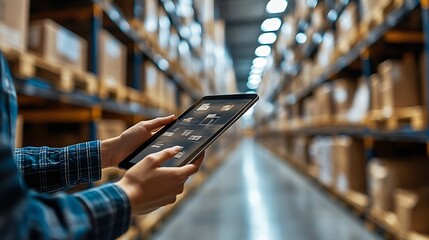 Leinwandbilder - Business Logistics technology conceptMan hands using tablet on blurred warehouse as background : Generative AI