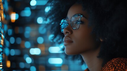 Fototapete - Black woman working in office and communication network concept ICT Information Communication Technology Cloud computing System engineering : Generative AI