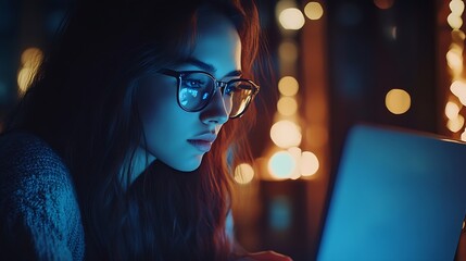 Fototapete - Business woman laptop and working on seo research internet and content creation for website Ux developer planning and tech with startup employee and digital job of professional with gl : Generative AI