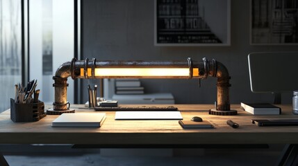 Poster - A modern workspace with a minimalist desk and a unique table lamp crafted from recycled metal pipes, illuminating eco-friendly stationery.