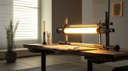 Poster - A modern workspace with a minimalist desk and a unique table lamp crafted from recycled metal pipes, illuminating eco-friendly stationery.