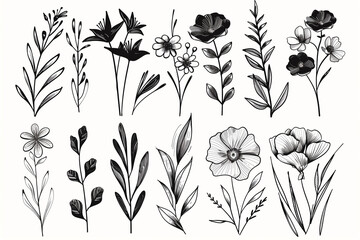  Exquisite hand-drawn botanical floral elements in line art and silhouette style