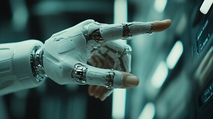 Poster - White cyborg robotic hand pointing his finger to human hand with stretched finger  cyber la creation  flat art collage : Generative AI