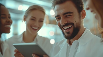 Business people men and women laughing with tablet in office graphic joke or comic online Tech connection or collaboration of employees for funny game meme or creativity for company br : Generative AI