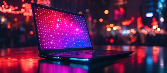 Wall Mural - Laptop with a colorful display on a table in a dimly lit room with city lights in the background.