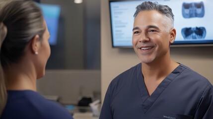 A smiling healthcare professional in scrubs converses with a patient, while medical images display in the background.