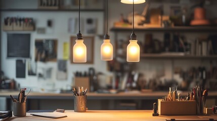 Wall Mural - Cozy workspace with frosted and clear glass bottle pendant lights hanging from metal fixtures, casting a warm glow over a desk with creative tools.