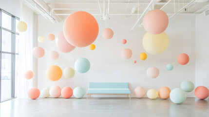 Poster - Vibrant geometric art installation featuring colorful spheres in modern space, creating playful and inviting atmosphere