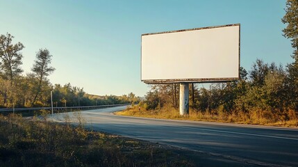 A large blank billboard on the side of a highway The billboard is white It is located in a rural area with trees and grass in the background The sun is shining and the sky is blue clip : Generative AI