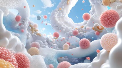 Fototapete - vibrant and intricate representation of microbial life clusters, showcasing organic textures and colorful spheres against bright sky. scene evokes sense of wonder and exploration