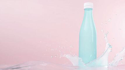 Poster - serene pastel bottle stands elegantly against soft pink background, surrounded by splashes of water, creating refreshing and tranquil atmosphere