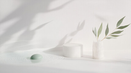 Poster - Minimalist design featuring soft green object, white cylindrical container, and delicate vase with leaves. serene composition creates calming atmosphere