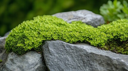 Aufkleber - Beautiful Bright Green moss grown up cover the rough stones and on the floor in the forest Show with macro view Rocks full of the moss texture in nature for wallpaper soft focus : Generative AI
